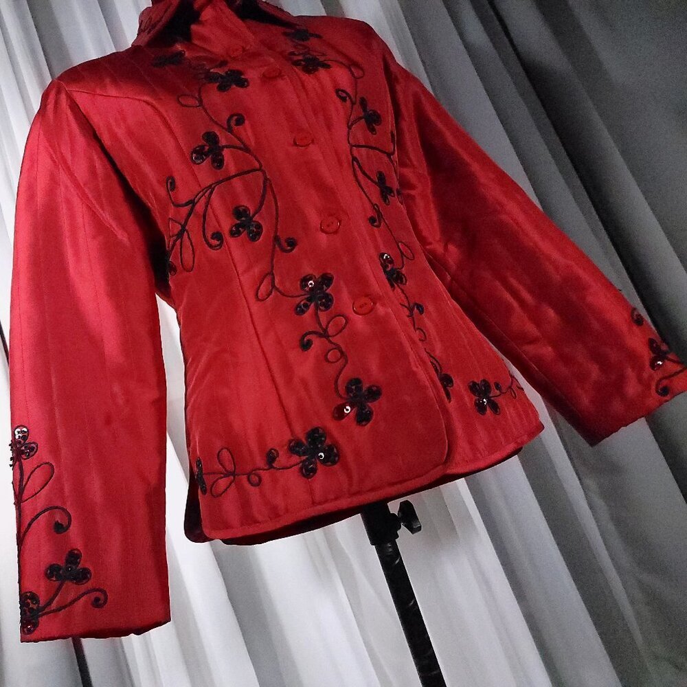 Carole Little Red 100% Silk Beaded Embroidered Statement Jacket Blazer Size S - Picture 4 of 16